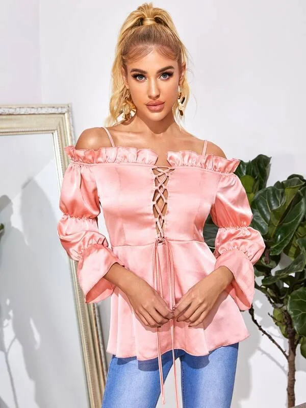 Lace Up Ruffle Trim Cold Shoulder Blouse Romantic Lace Blouse