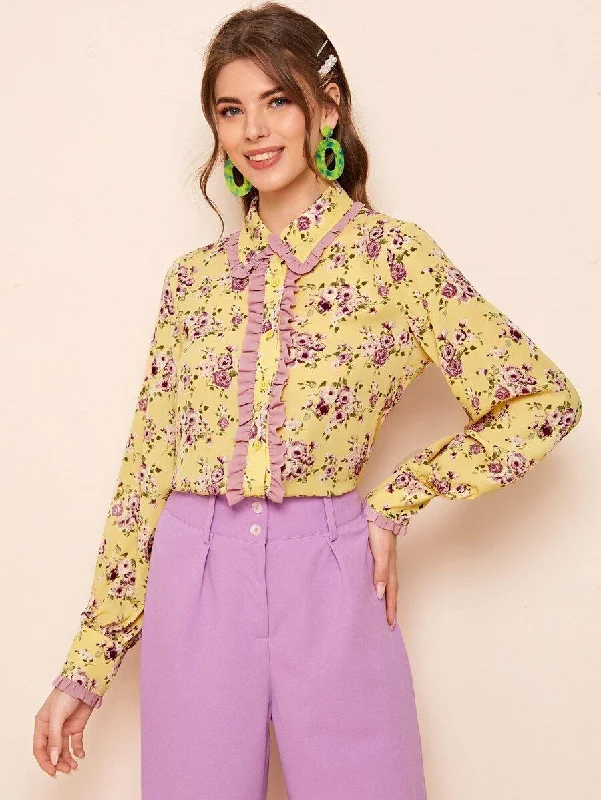 Collared Ruffle Trim Floral Blouse Off-Shoulder Wrap Blouse
