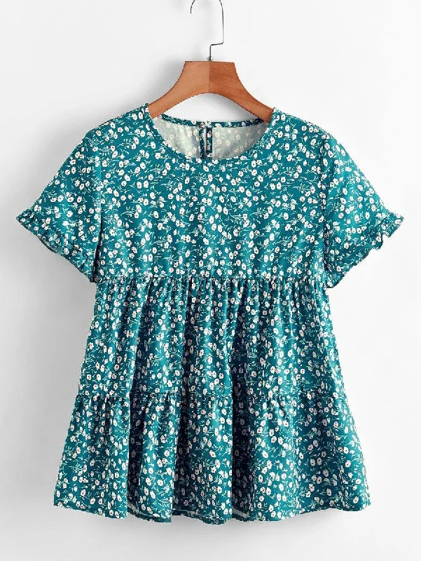Ditsy Floral Print Keyhole Back Babydoll Blouse Oversized Silk Blouse