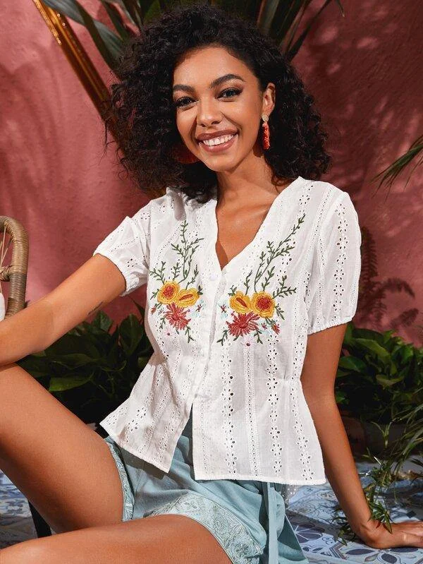 Floral Embroidery Schiffy Blouse Ruched Sleeve Blouse