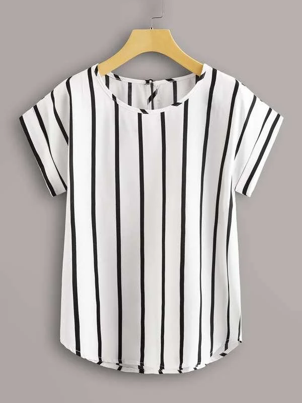Vertical Striped Curved Hem Blouse Elegant Office Blouse