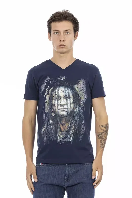 Blue Cotton Men T-shirt-- Hooded Caped Shawl Collar