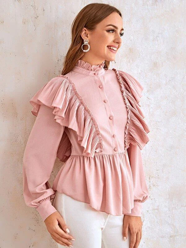 Button Front Frilled Neckline Peplum Blouse Elegant Embroidery Blouse