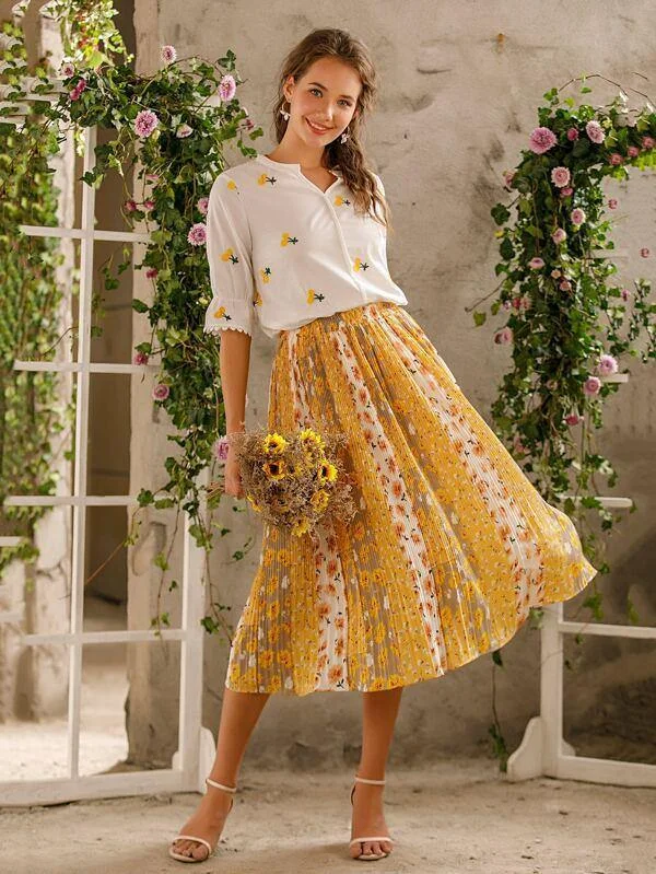 Cherry Embroidery Notched Neck Blouse Business Casual Blouse