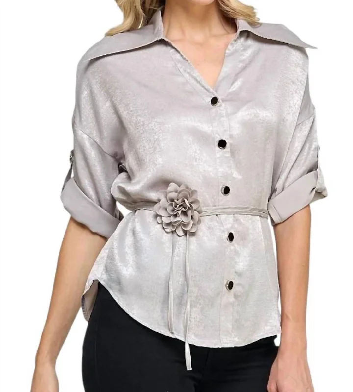Liz Button-Down Blouse With Rosette Sash In Silver Loose Fit Blouse