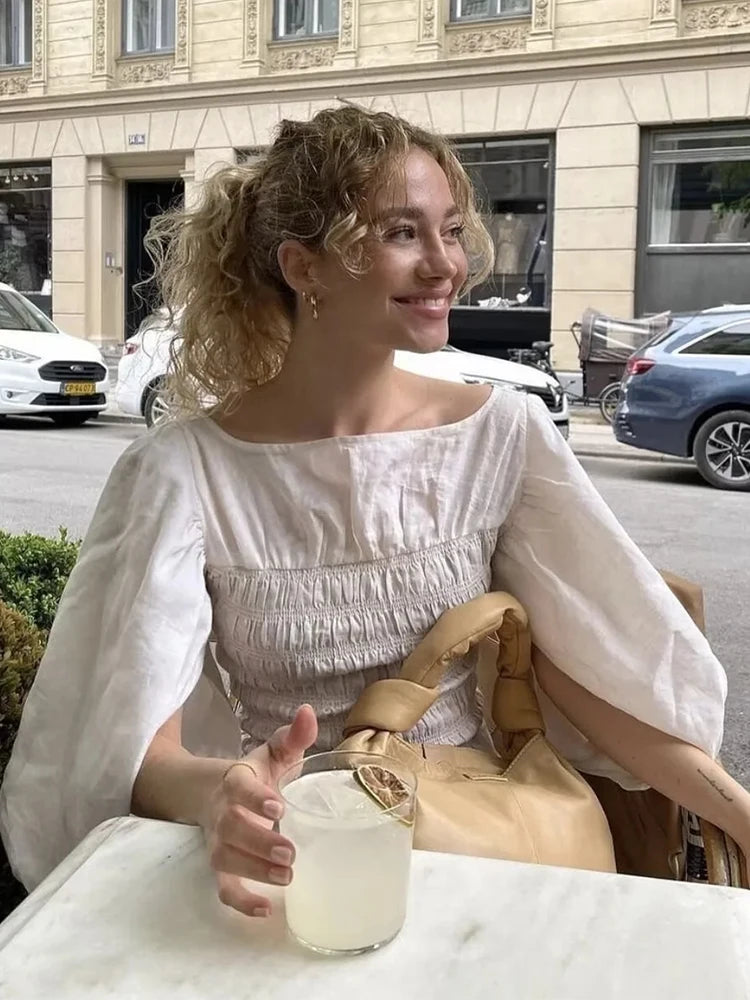Advbridge White Summer Linen Women Blouse Off Shoulder Lantern Sleeve Short Blouse Top 2024 Spring Smocked Pelpum Top New Silky Draped Blouse
