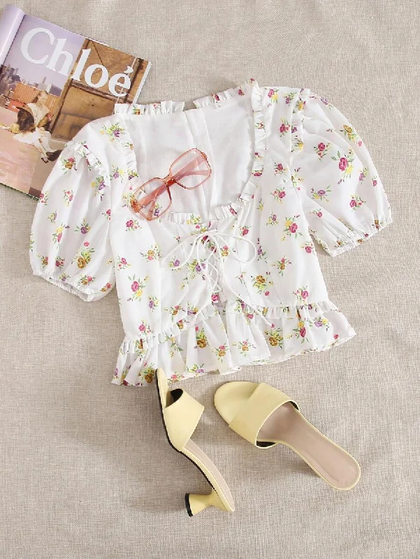 Ditsy Floral Lace Up Front Crop Blouse Short Sleeve Blouse