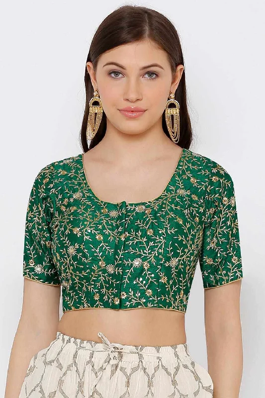 Green Silk Blend Embroidered Short Sleeves Blouse Satin Long Blouse