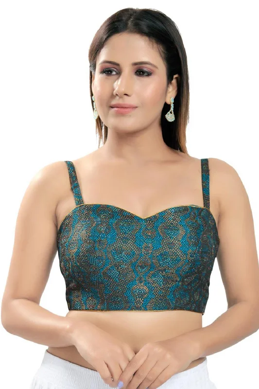 Blue Brocade Printed Sleeveless Blouse Casual Relaxed Fit Blouse