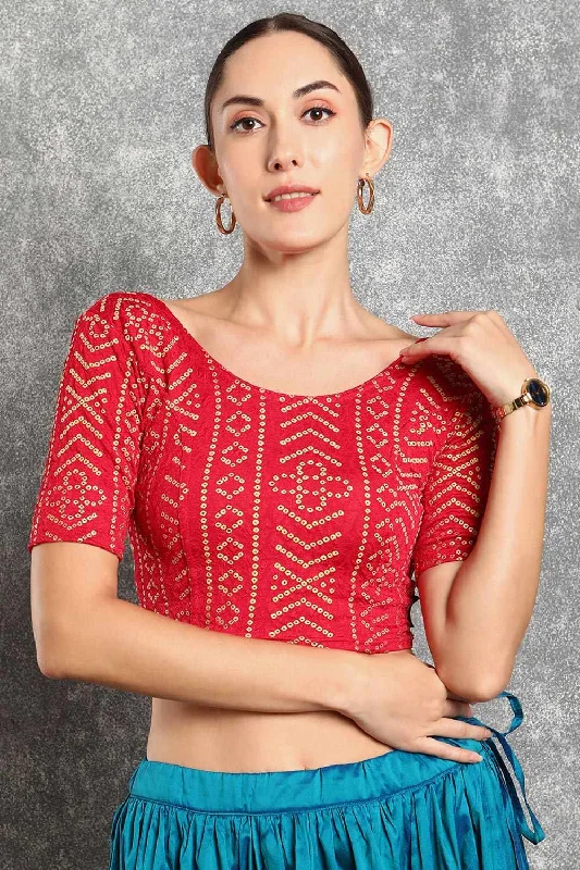 Hot Pink Cotton Printed Short Sleeves Blouse Balloon Sleeve Blouse