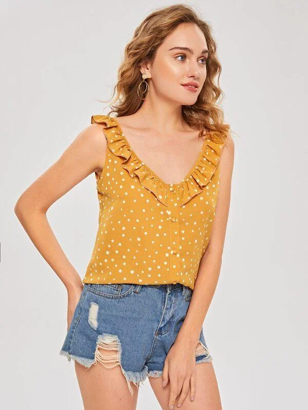 Polka Dot Ruffle Covered Button Blouse Office Formal Blouse