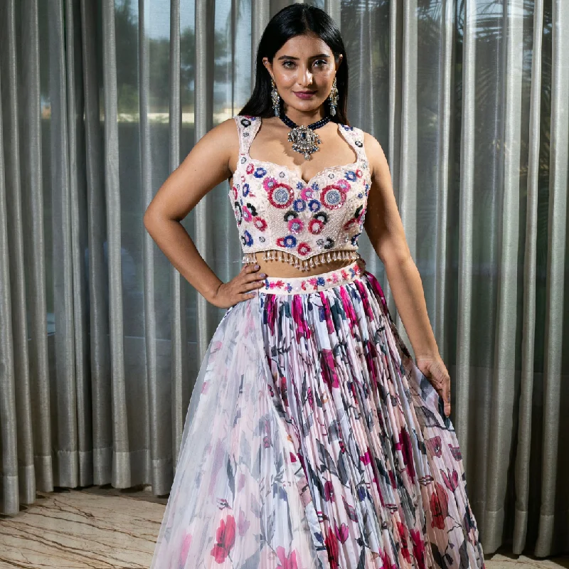 Handcrafted Light Pink Floral Lehenga Set with Multi-Color Sequence Blouse Asymmetric Hem Blouse