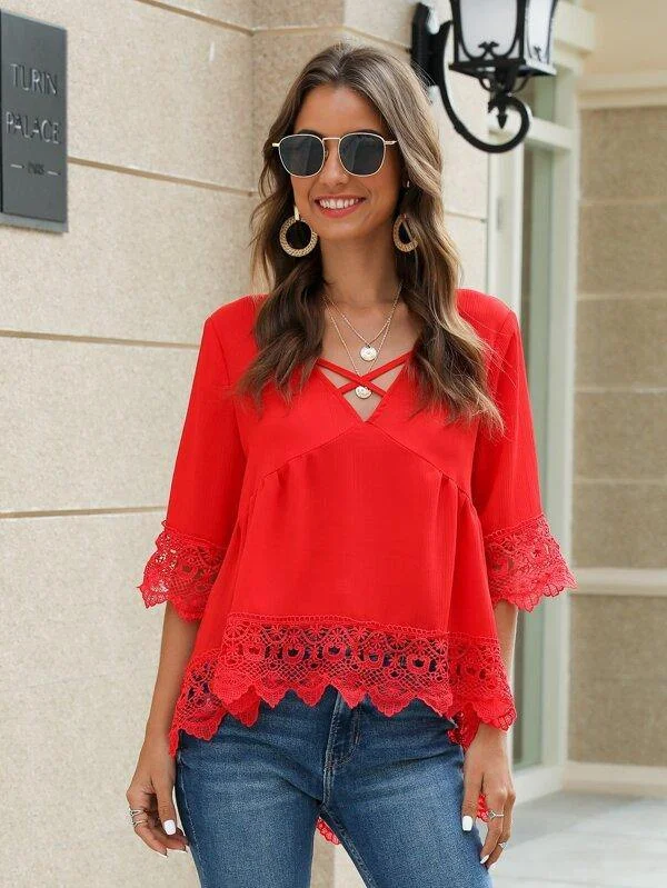Criss Cross Front Contrast Lace Trim Blouse Feminine Ruffle Blouse
