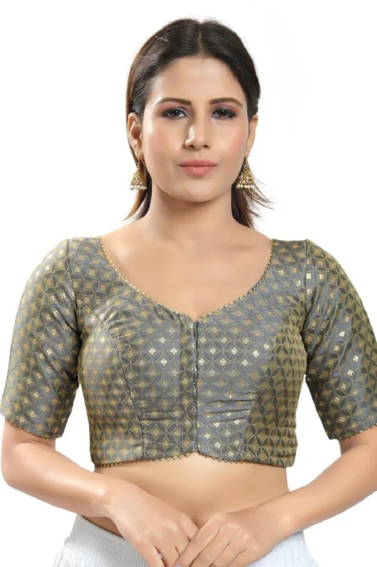 Grey Brocade Printed Short Sleeves Blouse Floral Chiffon Blouse