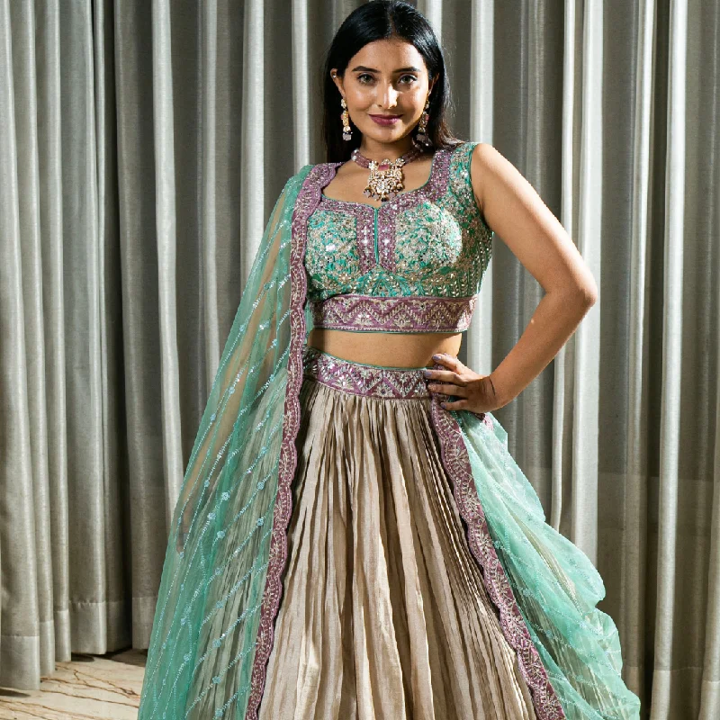 Handcrafted Light Gold Pleated Silk Lehenga with Aari Work Stitched Blouse Short Sleeve Blouse