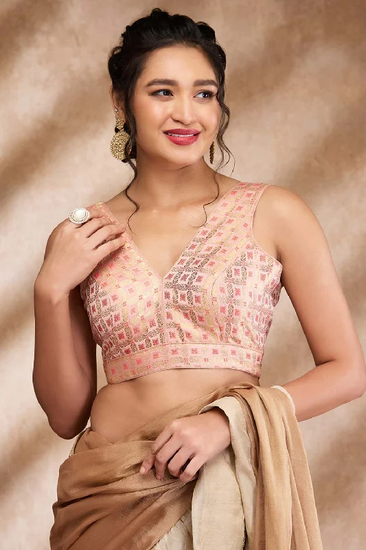 Peach Brocade Woven Sleeveless Blouse Wrap Front Blouse