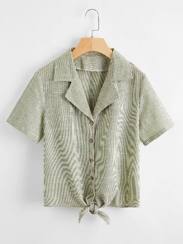 Lapel Neck Knot Hem Blouse Lightweight Tunic Blouse