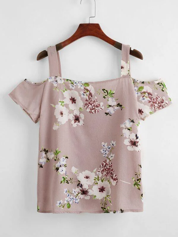 Floral Print Cold Shoulder Blouse Chic Ruffle Blouse