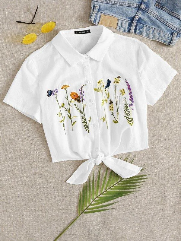 Plants Embroidery Tied Hem Blouse Floral Chiffon Blouse