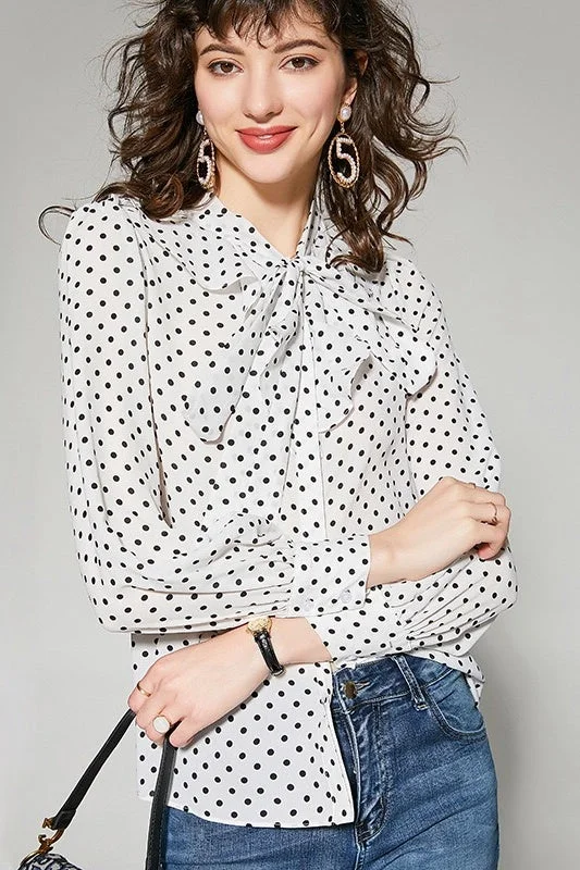 Chiffon Dot Blouse W/ Tie Feminine Ruffle Blouse