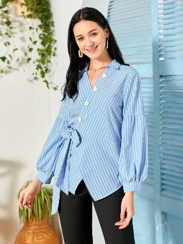 Striped Button Front Knot Wrap Blouse Classic Minimalist Blouse