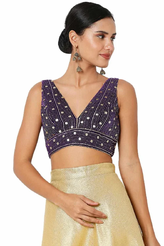 Brinjal Velvet Embroidered Sleeveless Blouse Business Casual Blouse