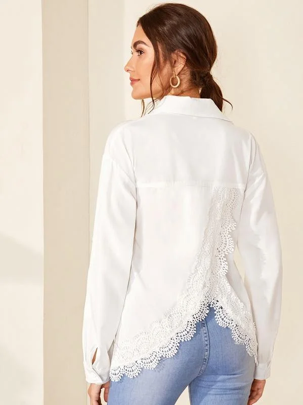 Contrast Guipure Lace Solid Blouse Soft Modal Blouse