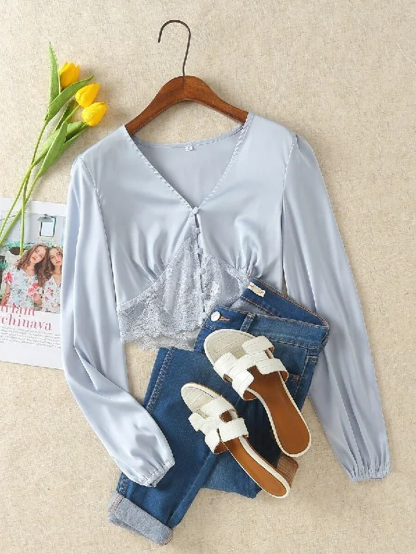Contrast Lace Button Up Crop Blouse Chic Square Blouse
