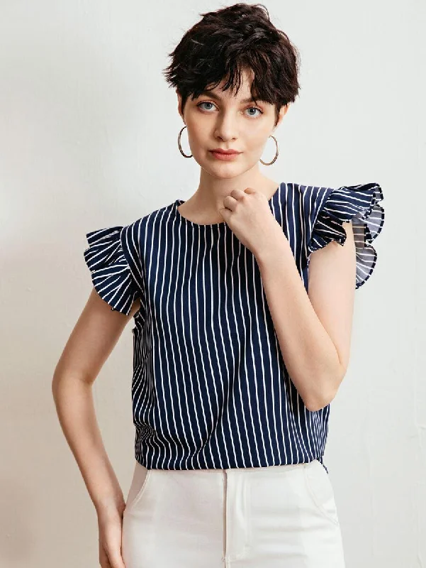 Vertical Striped Ruffle Sleeve Blouse Double Button Blouse
