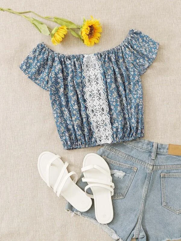 Ditsy Floral Lace Panel Bardot Blouse Side Tie Blouse