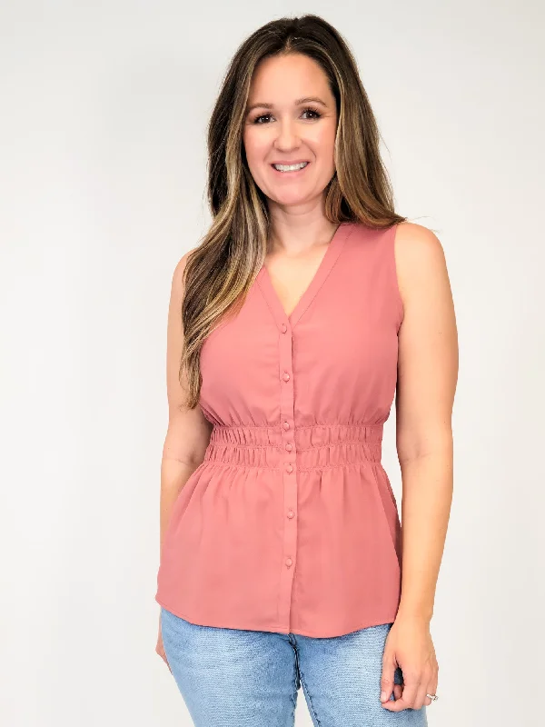 CINCHED WAIST BUTTON FRONT BLOUSE - SPICE Double Button Blouse