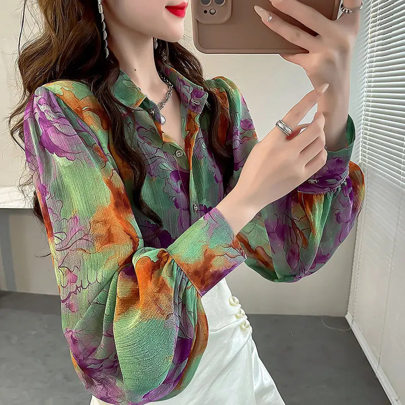 Women's Printed Button Polo-Neck Versatile Fashion Loose Appear Thin Commuter Lantern Sleeve Chiffon Shirt Top-- Chenille Blend Fleece Blend Nylon Blend