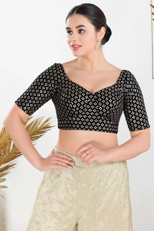 Black Velvet Embellished Short Sleeves Blouse Classic Minimalist Blouse