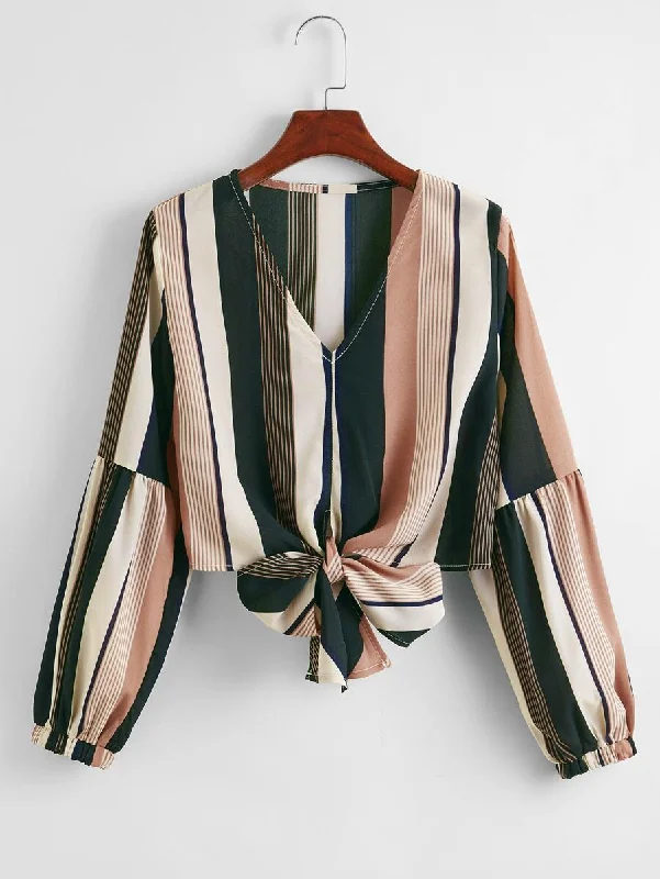 Block Striped Tie Hem Crop Blouse Silky Draped Blouse