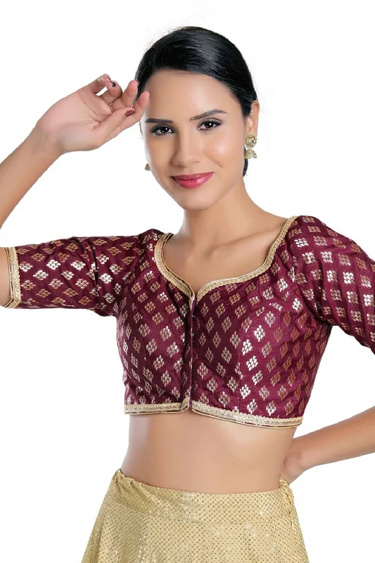 Wine Chanderi Brocade Woven Design Short Sleeves Blouse Casual Stripe Blouse