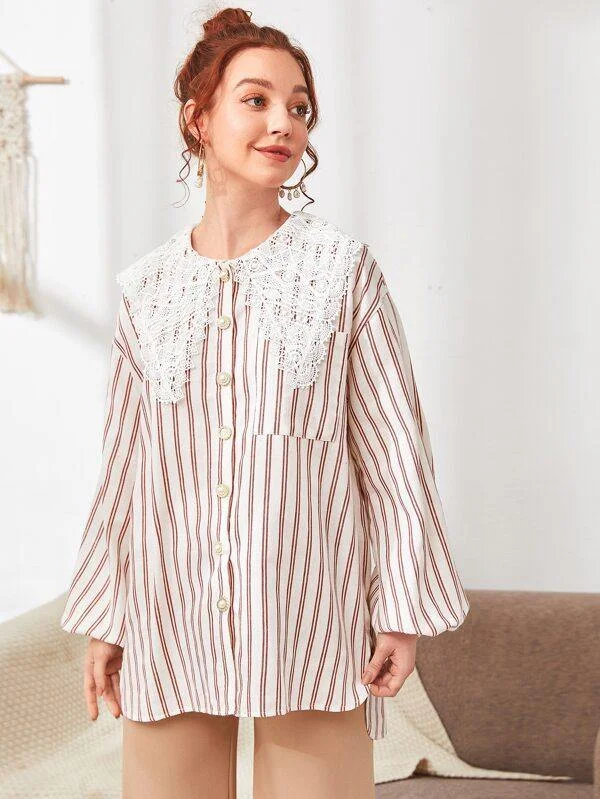 Lantern Sleeve Lace Collar Pearls Buttoned Pocket Front Striped Blouse Elegant Silk Blouse