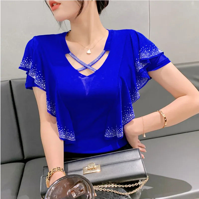 Women's T-Shirt Fashion Casual V-Neck Hollow Out Hot Diamonds Tees Female Ruffled Short Sleeved Mesh Tops-- Plaid T-Shirt Polka Dot Checkered Women's T-Shirt Fashion Casual V-Neck Hollow Out Hot Diamonds Tees Female Ruffled Short Sleeved Mesh Tops-- Plaid T-Shirt Polka Dot Checkered