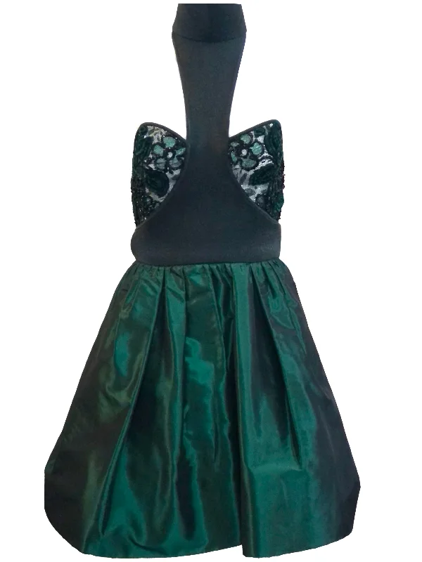 James Galanos 80s Emerald Green Taffeta and Lace Party Dress Tunics Winter warm