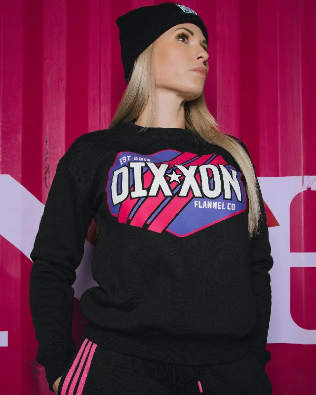 Women's Pink Stripes Crewneck Sweatshirt - Black Hoodie with Patch Decorative Personalized Women's Pink Stripes Crewneck Sweatshirt - Black Hoodie with Patch Decorative Personalized