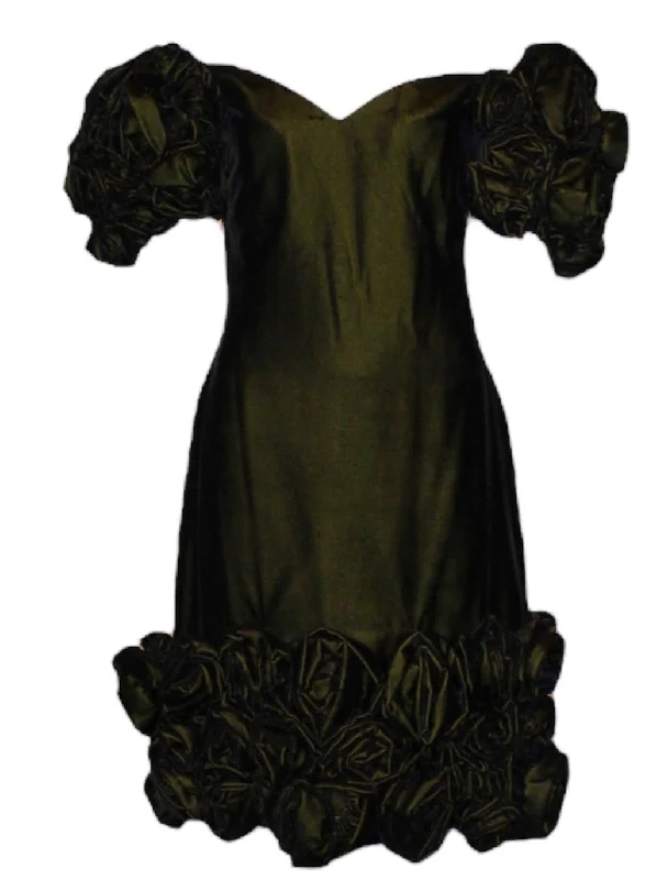 Arnold Scaasi 80s Iridescent Green Velvet Mini Party Dress Square Neckline Feminine