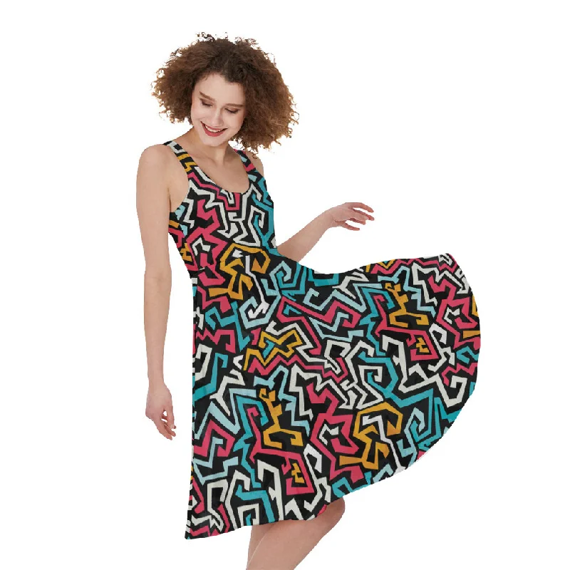 Abstract Funky Pattern Print Sleeveless Knee Length Dress sweetheart Neckline Romantic Abstract Funky Pattern Print Sleeveless Knee Length Dress sweetheart Neckline Romantic