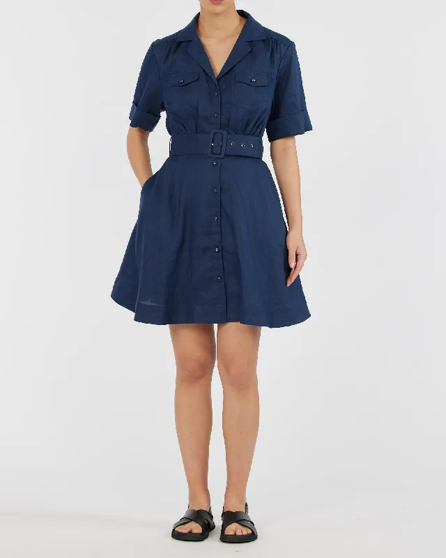Cadence Linen Mini Dress - Navy Classic Casual Mini Dress