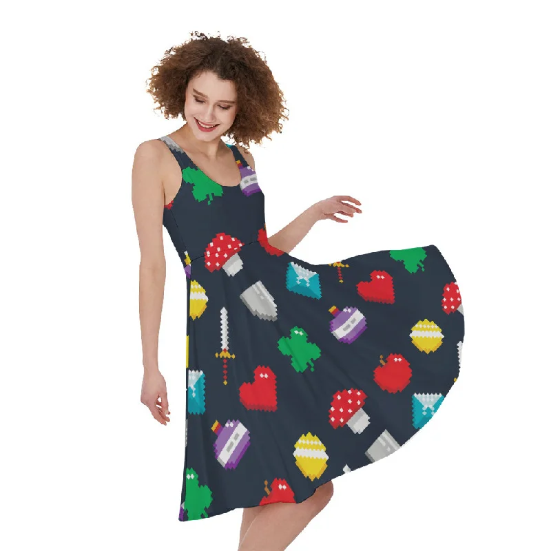 8-Bit Pixel Game Items Print Sleeveless Knee Length Dress Tunics Summer linen