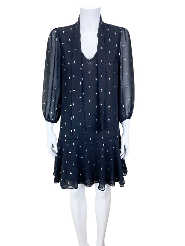 Banana Republic Women's Tie Neck Metallic Print Dress Black Gold Size 4 Tunics Fashionable chic Banana Republic Women's Tie Neck Metallic Print Dress Black Gold Size 4 Tunics Fashionable chic