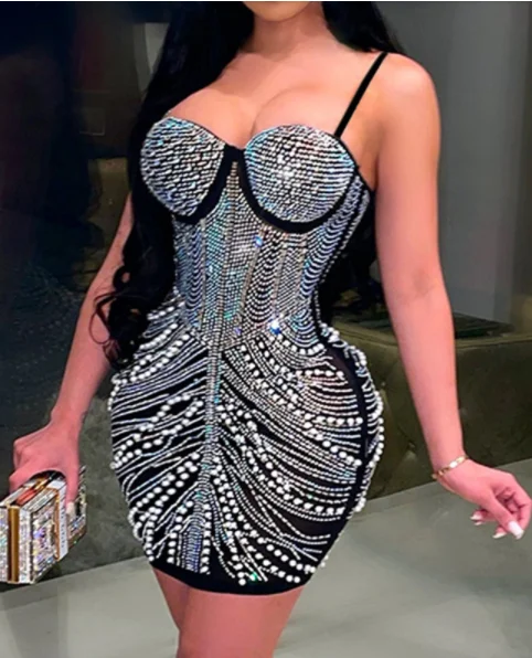 Sexy Spaghetti Strap Studded Beading Bodycon Party Dress Tunics Favorite customer