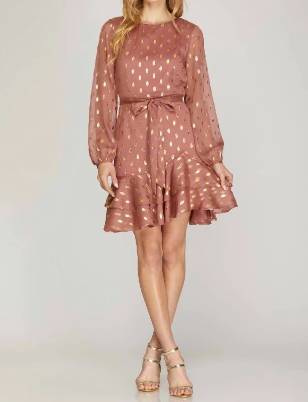 Gold-Dot Chiffon Dress With Ruffled Hem In Dusty Rose Tunics Timeless classic