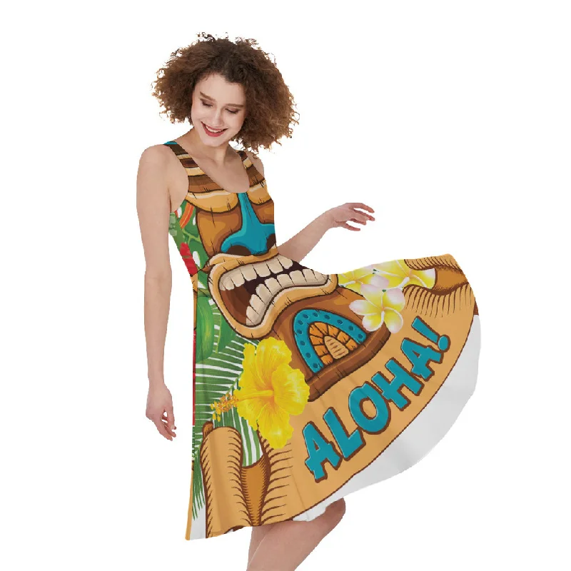 Aloha Tiki Print Sleeveless Knee Length Dress Tunics Solid Classic