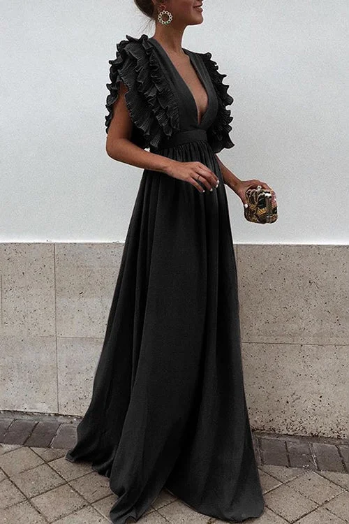 V Neck Long Ruffles High Waist Party Dress Tunics Handmade artisanal