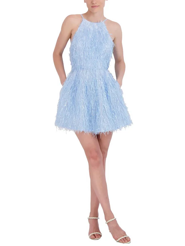 Womens Metallic Feather Cocktail And Party Dress Tunics Mesh breathable