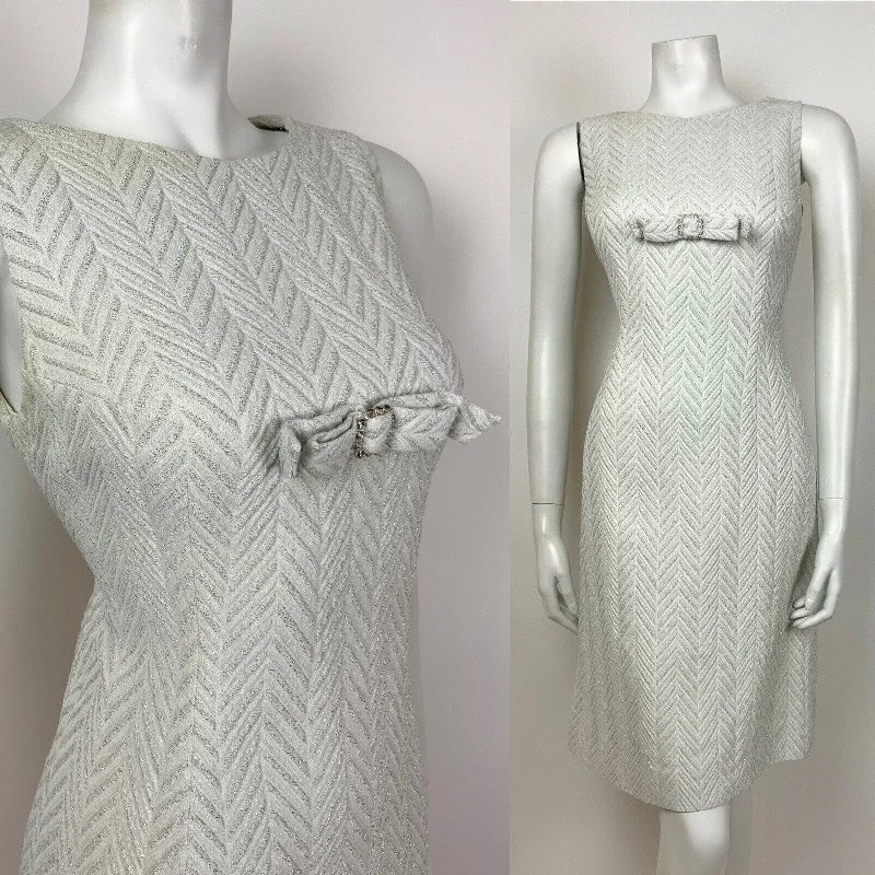 VTG 60s 70s WHITE SILVER LUREX CHEVRON DIAMANTE BOW COCKTAIL PARTY DRESS 10 12 Tunics Essential wardrobe VTG 60s 70s WHITE SILVER LUREX CHEVRON DIAMANTE BOW COCKTAIL PARTY DRESS 10 12 Tunics Essential wardrobe